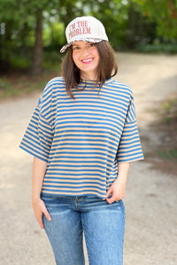 Oversized Stripe Boyfriend Tee - Tan