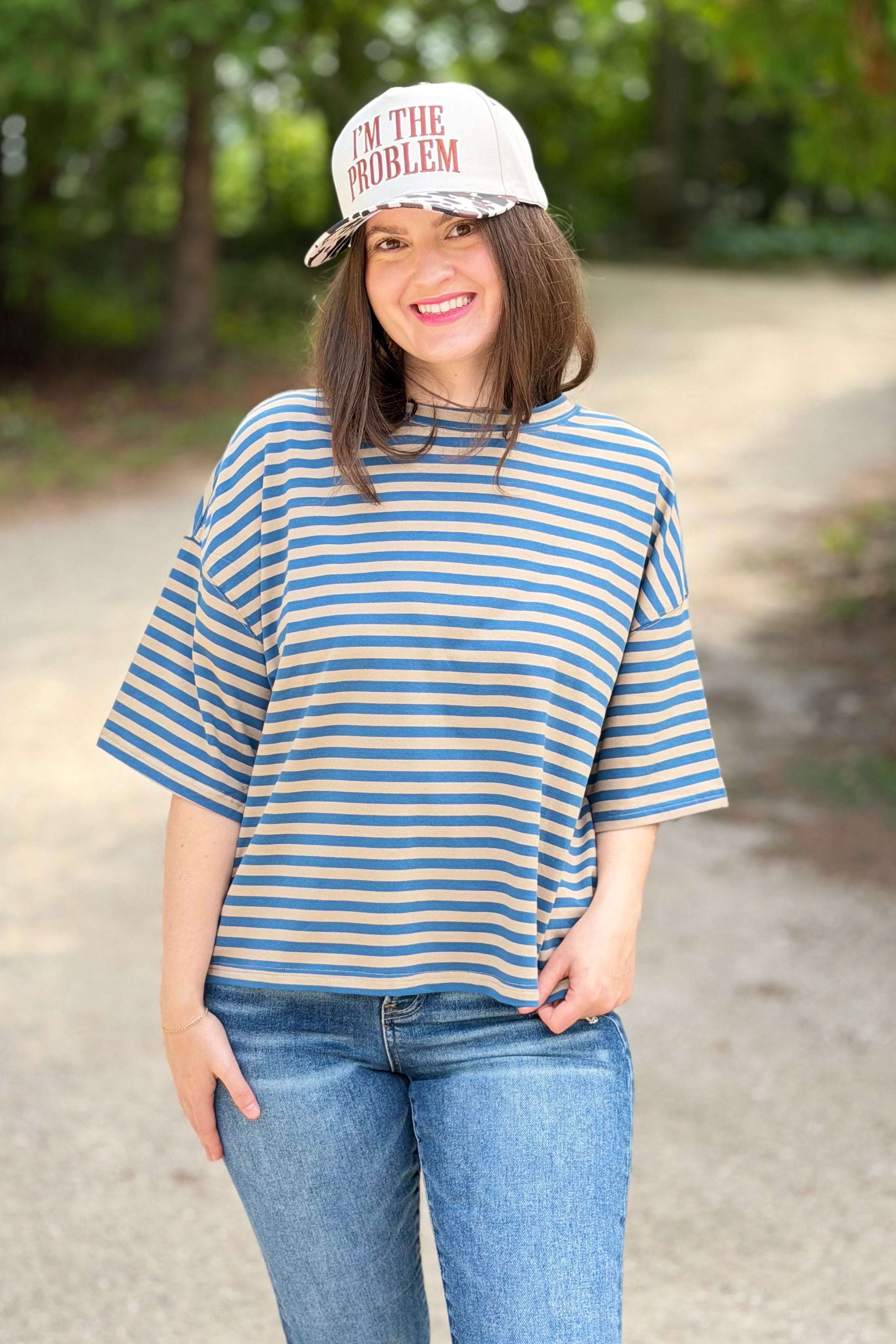 Oversized Stripe Boyfriend Tee - Tan