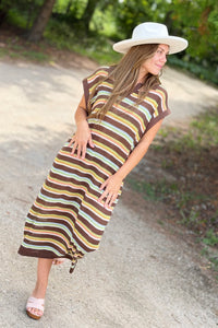 Striped Knit Polo Dress - Brown