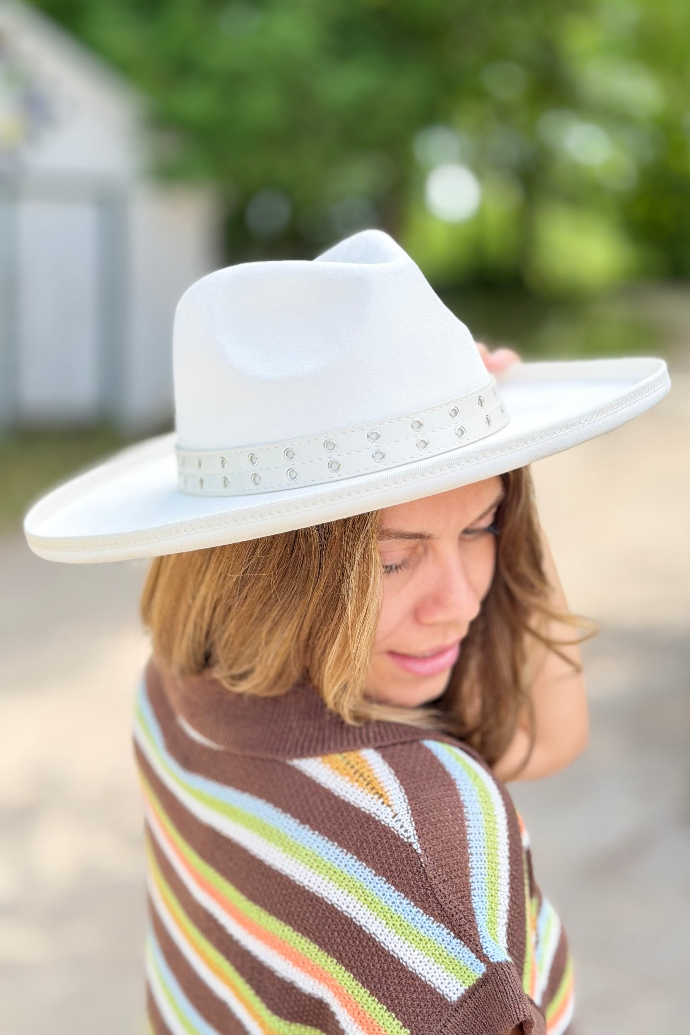 Grommet Belt Fedora Hat - Ivory