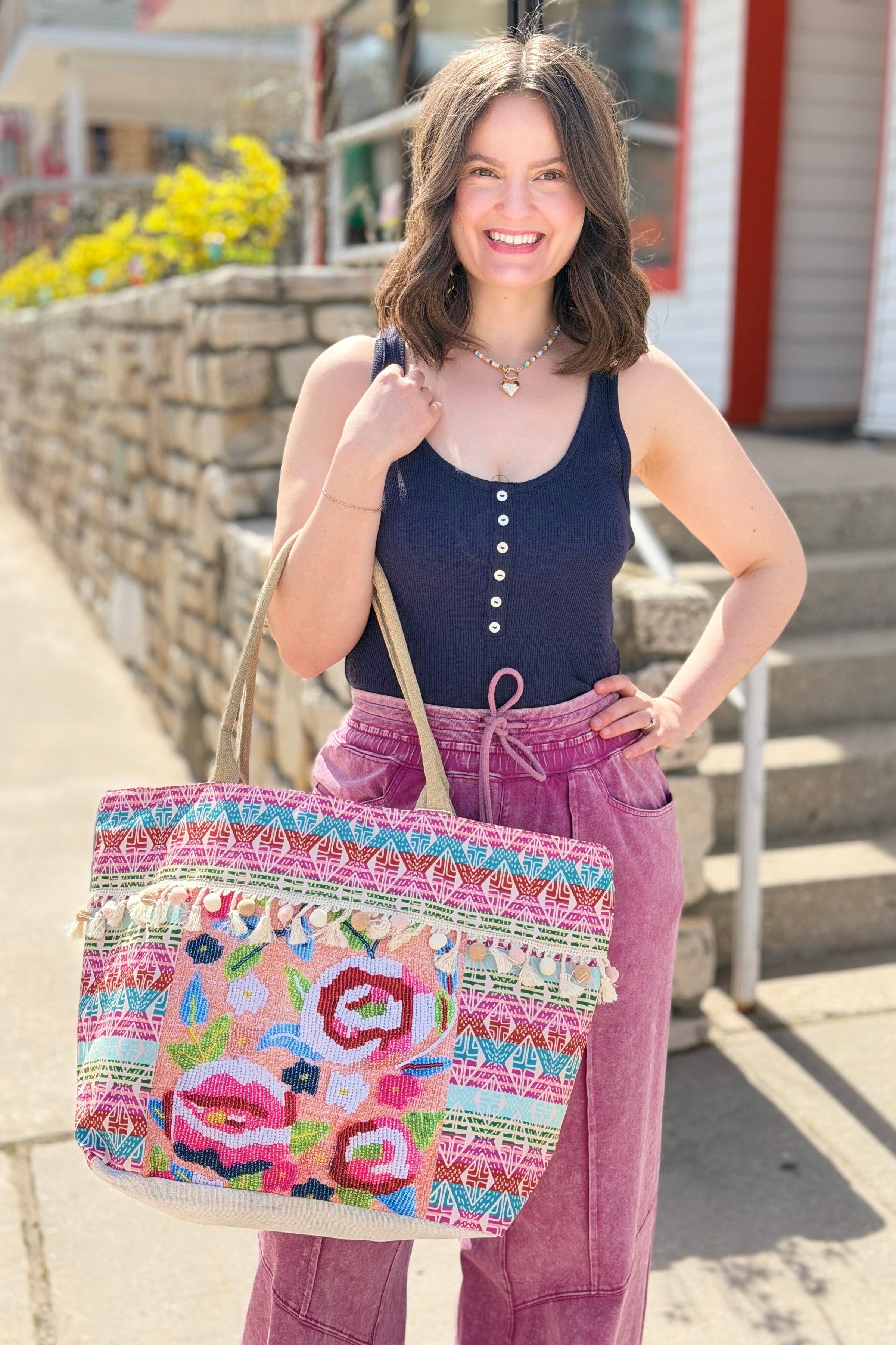 Boho Fringe Tote Bag  - Aztec Multi