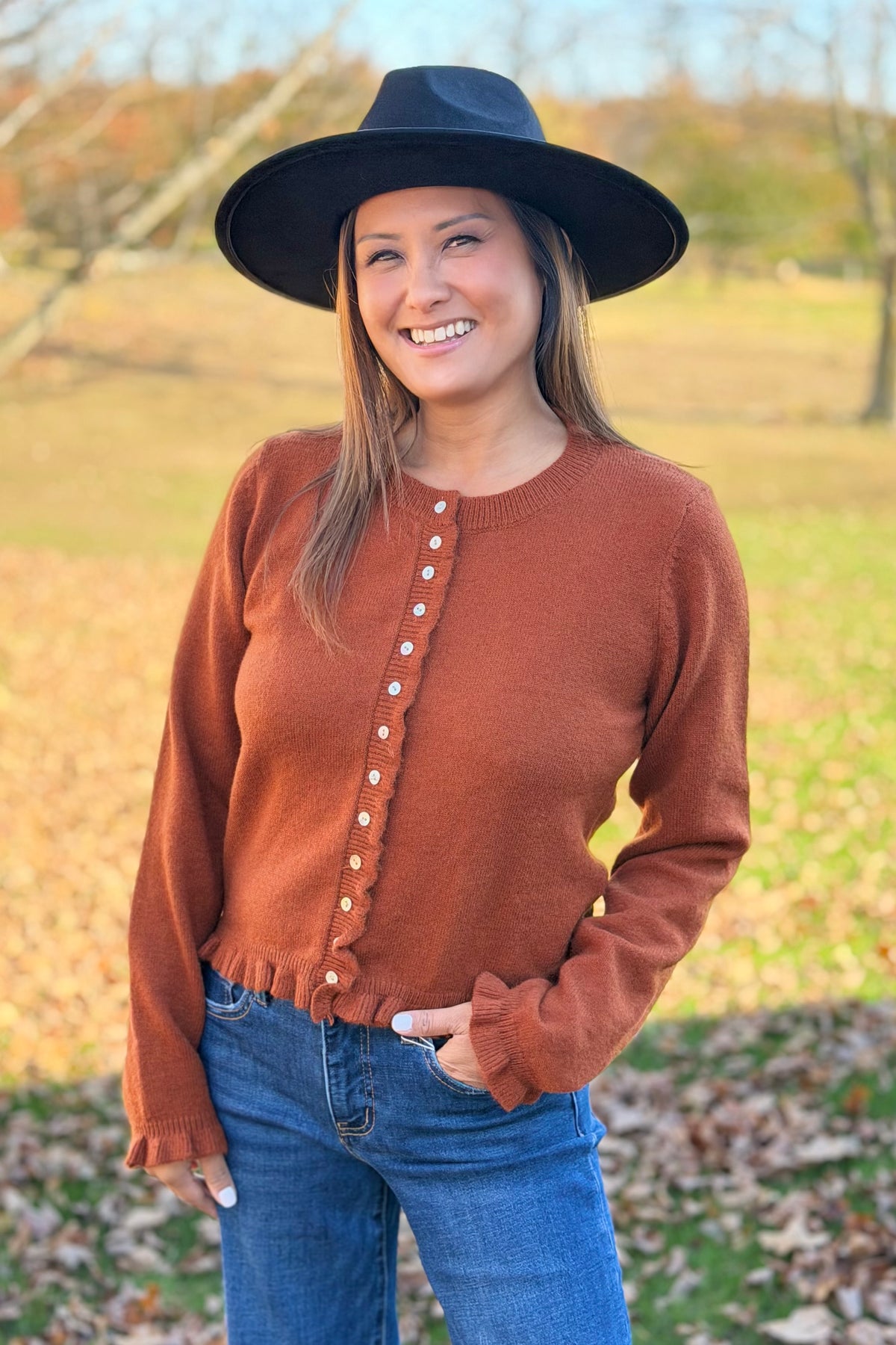 Classic Button Down Ruffled Cardigan - Rust