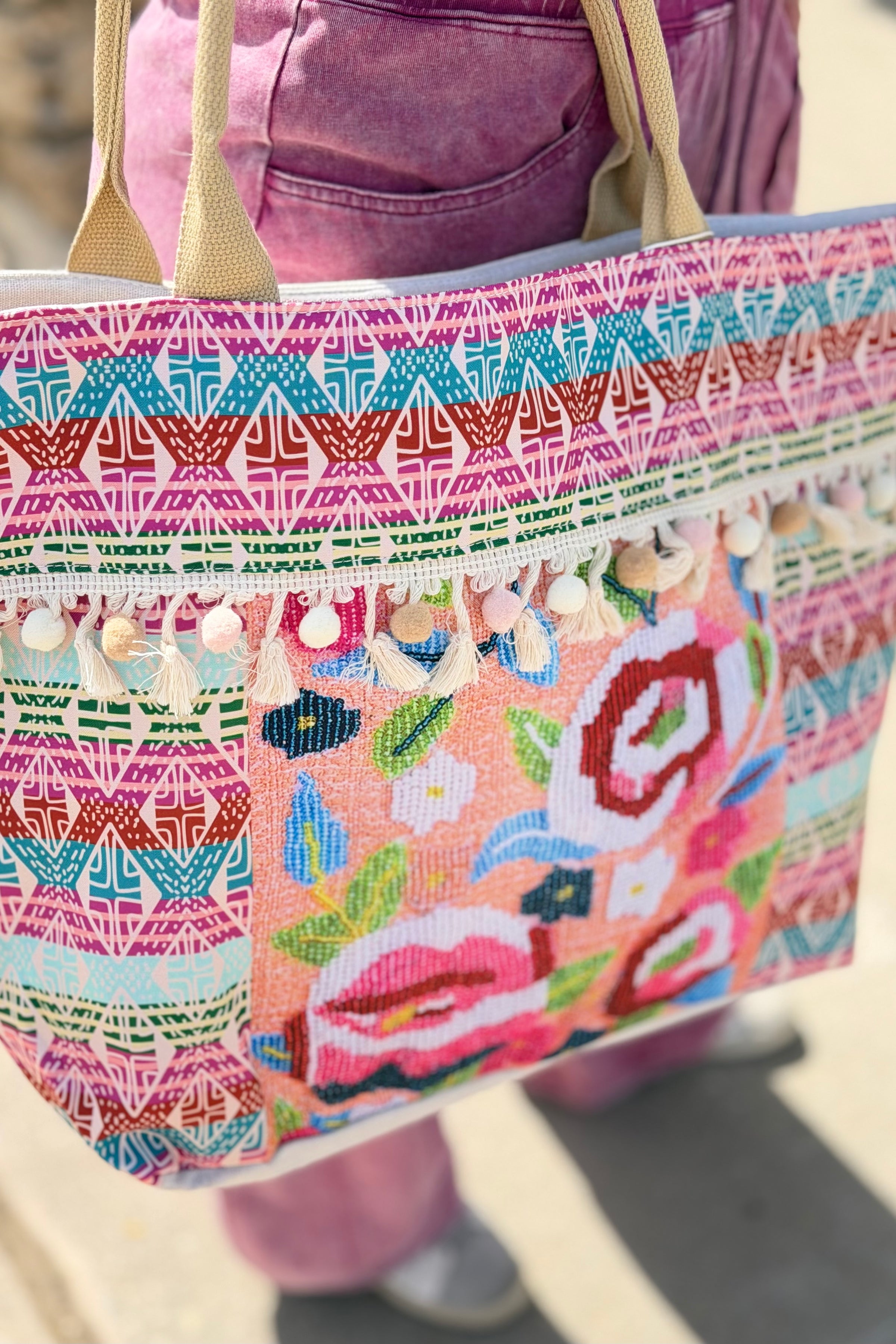 Boho Fringe Tote Bag  - Aztec Multi