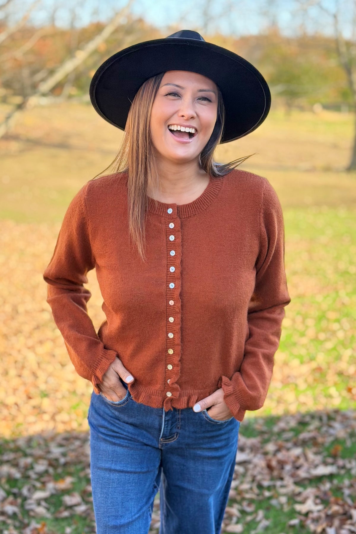 Classic Button Down Ruffled Cardigan - Rust