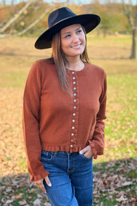 Classic Button Down Ruffled Cardigan - Rust
