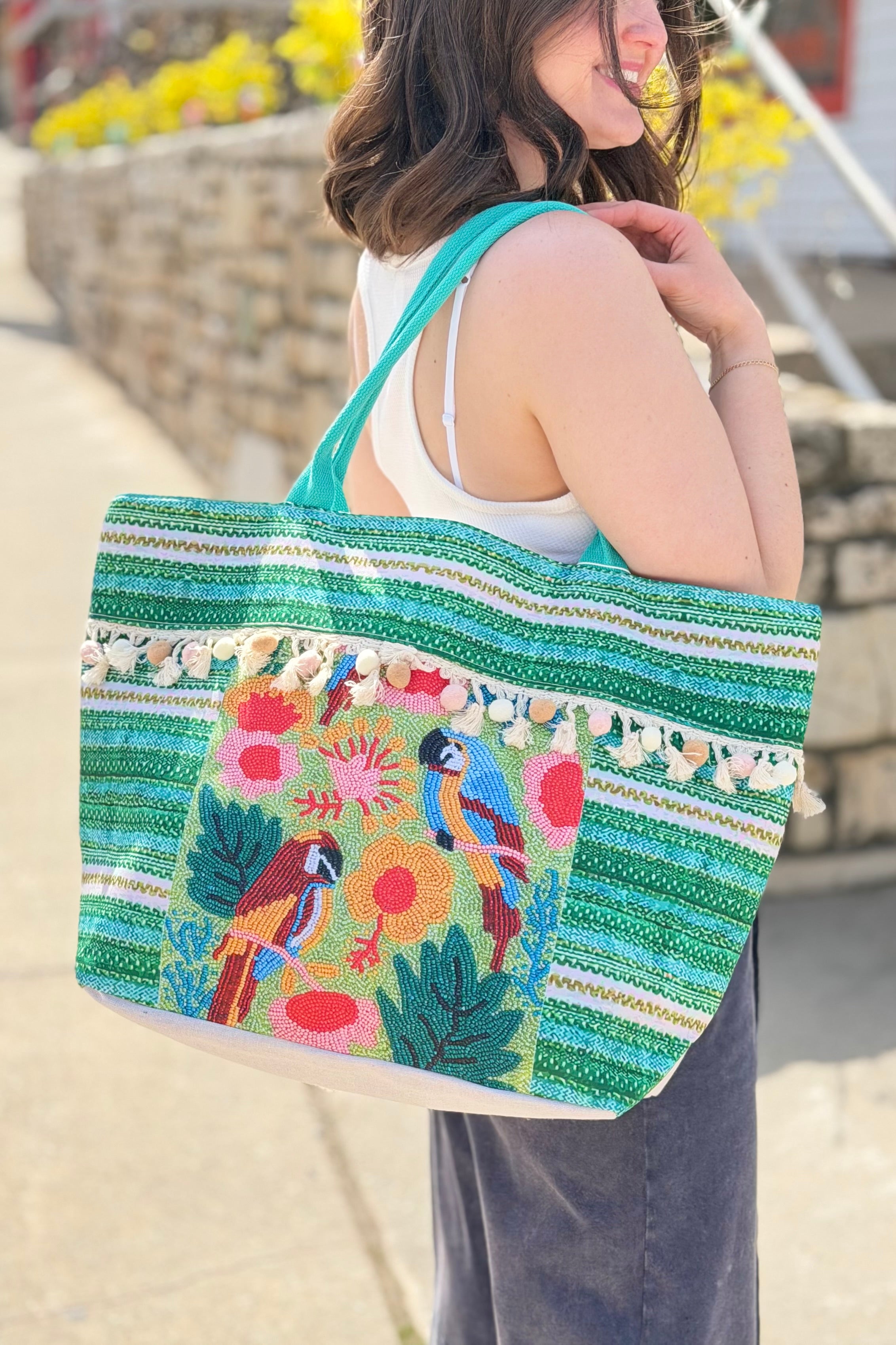 Boho Fringe Tote Bag  - Green