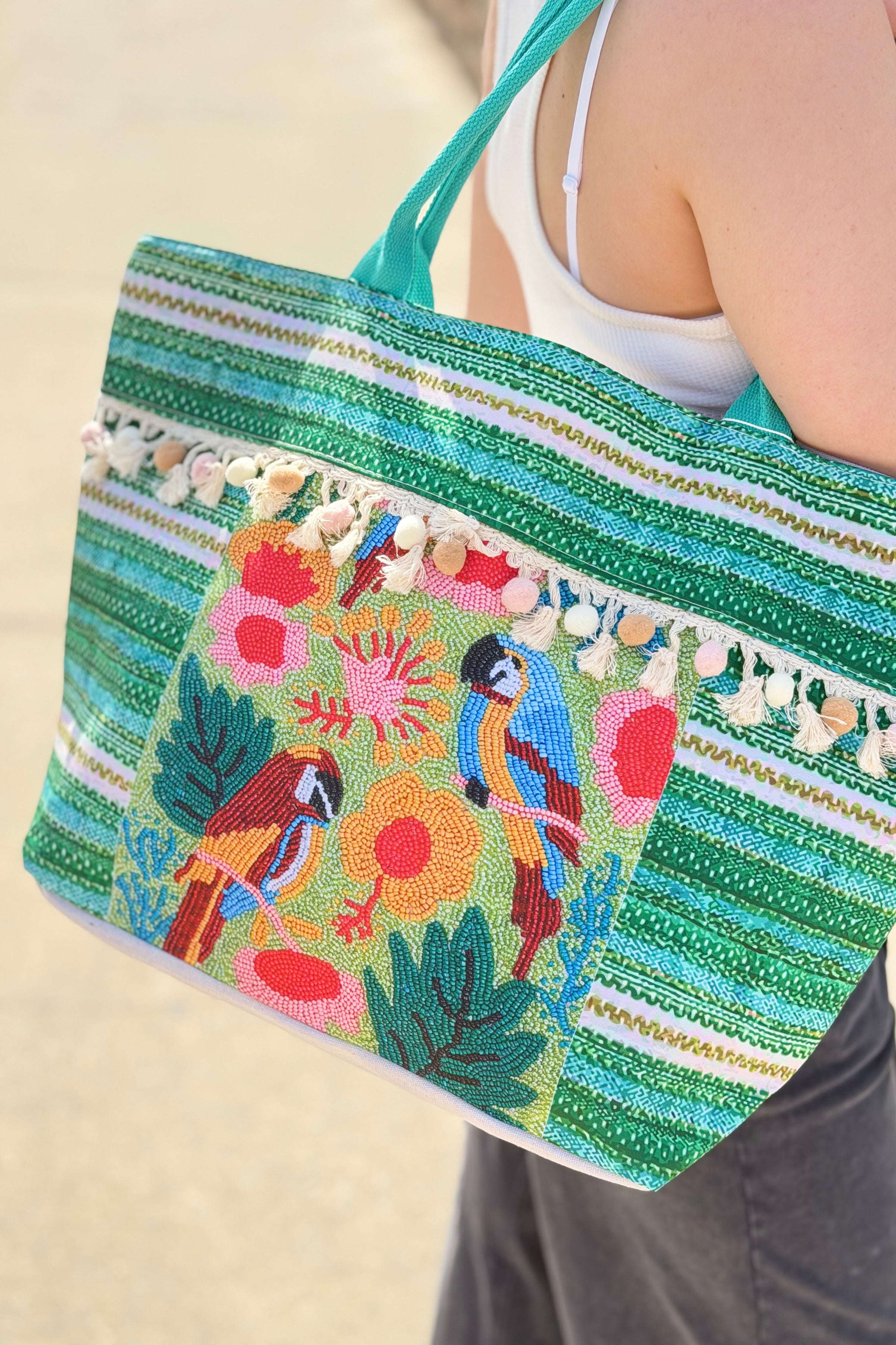 Boho Fringe Tote Bag  - Green