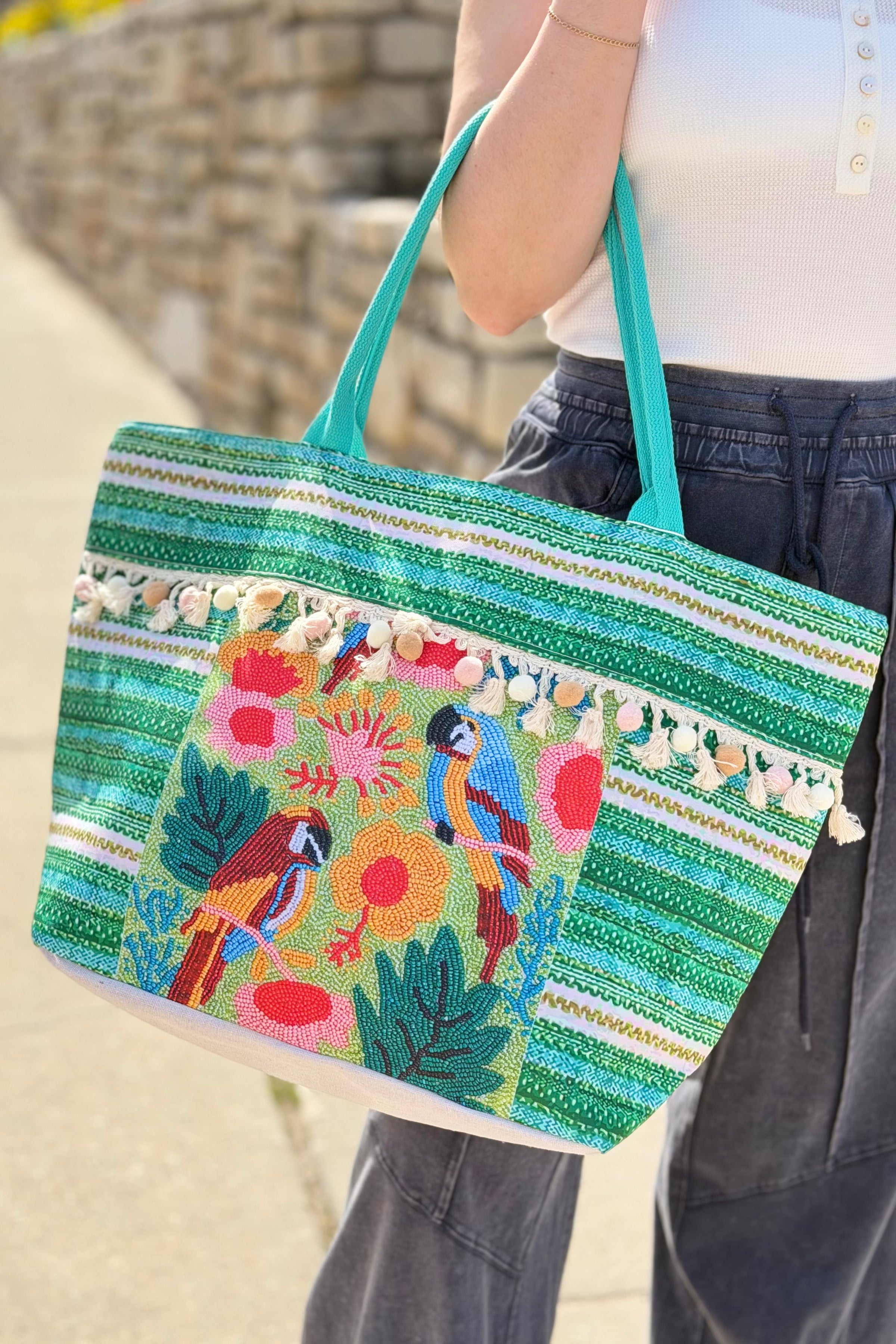 Boho Fringe Tote Bag  - Green