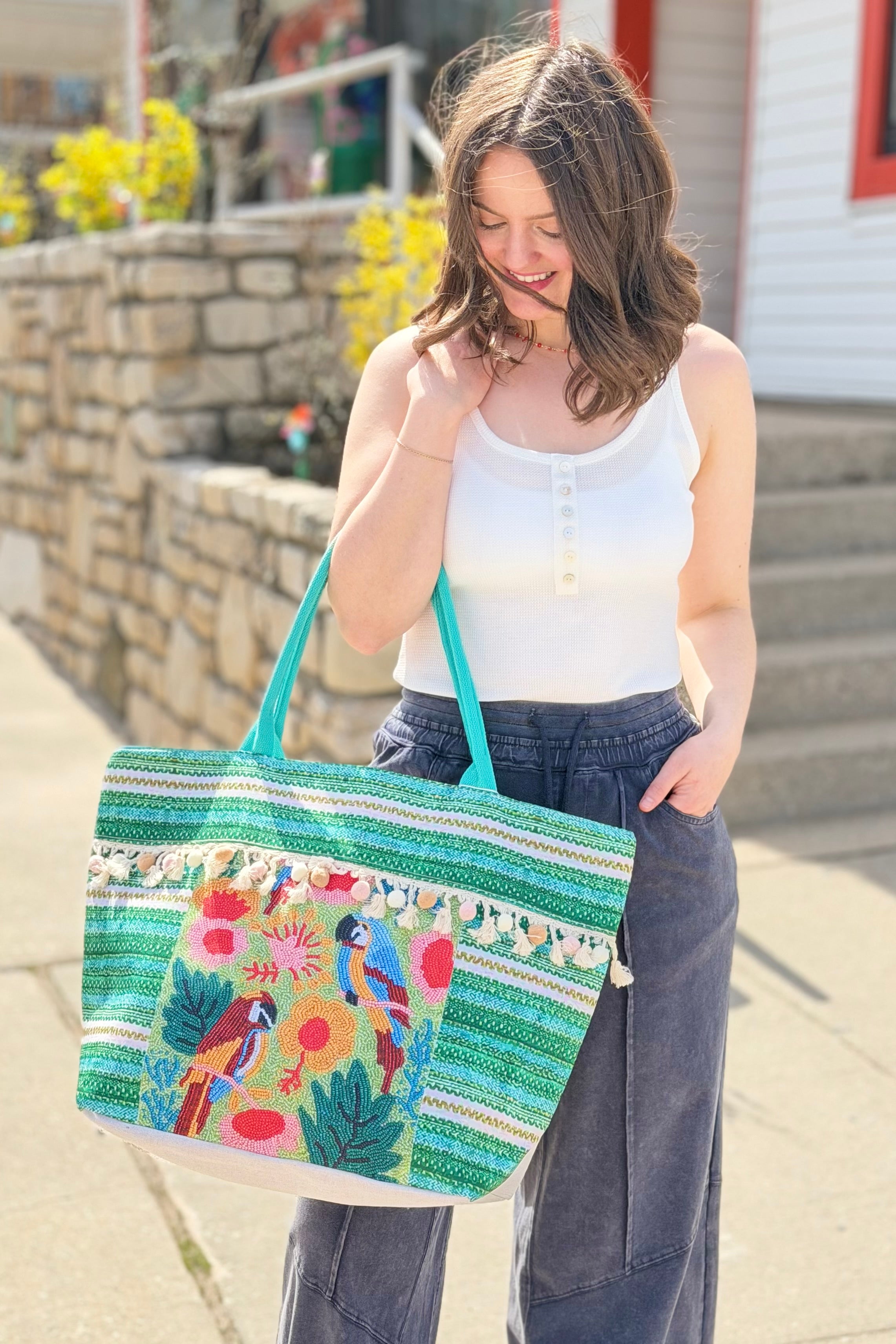 Boho Fringe Tote Bag  - Green