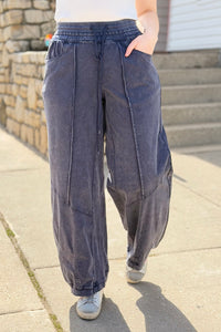 Washed French Terry Barrel Pants - Navy