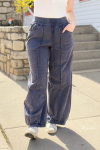 Washed French Terry Barrel Pants - Navy