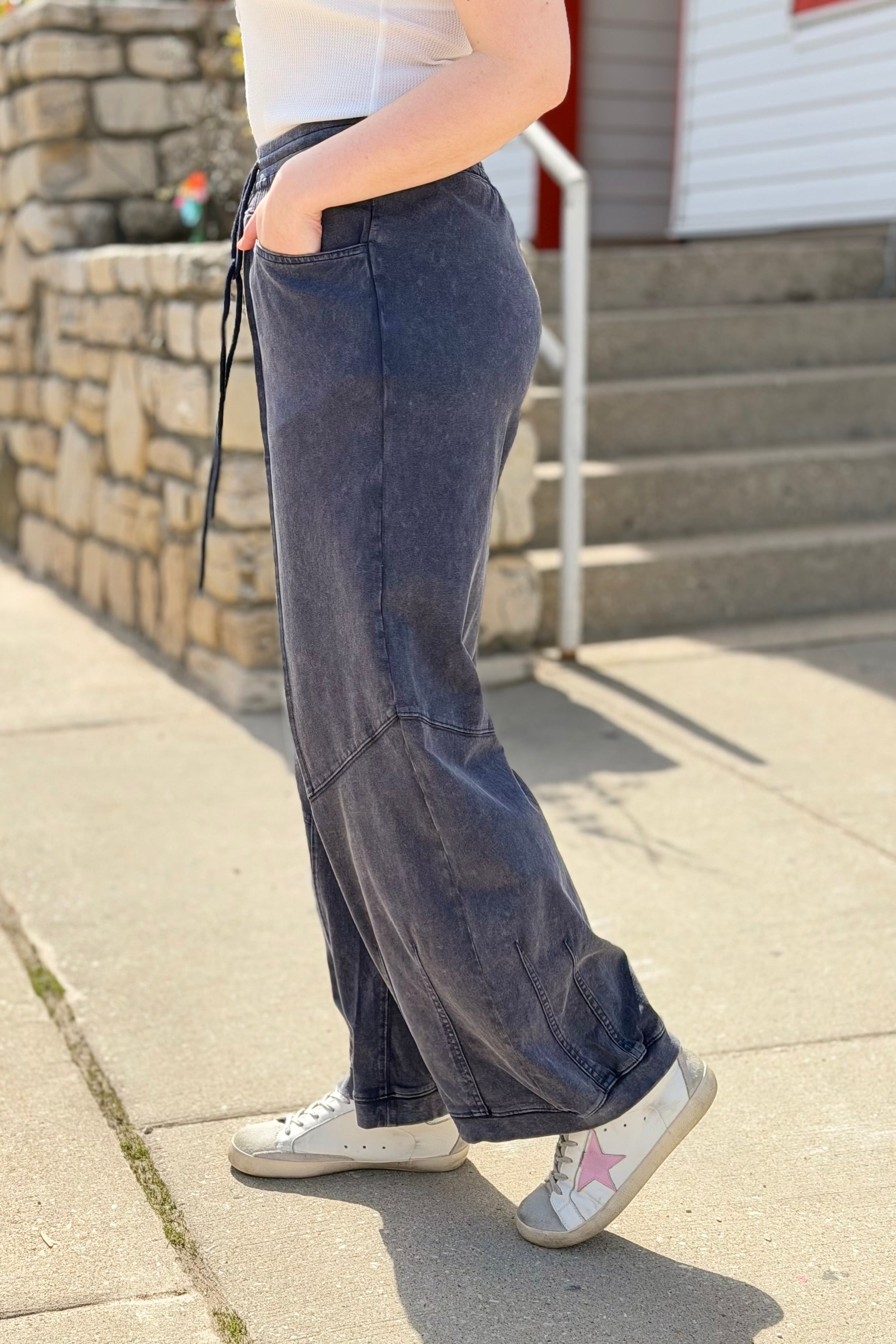 Washed French Terry Barrel Pants - Navy