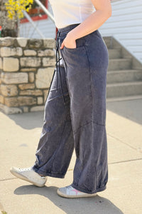 Washed French Terry Barrel Pants - Navy