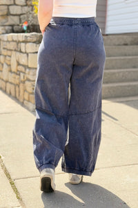 Washed French Terry Barrel Pants - Navy