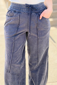 Washed French Terry Barrel Pants - Navy