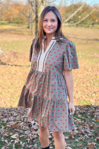 V-Neck Lace Mini Dress - Olive