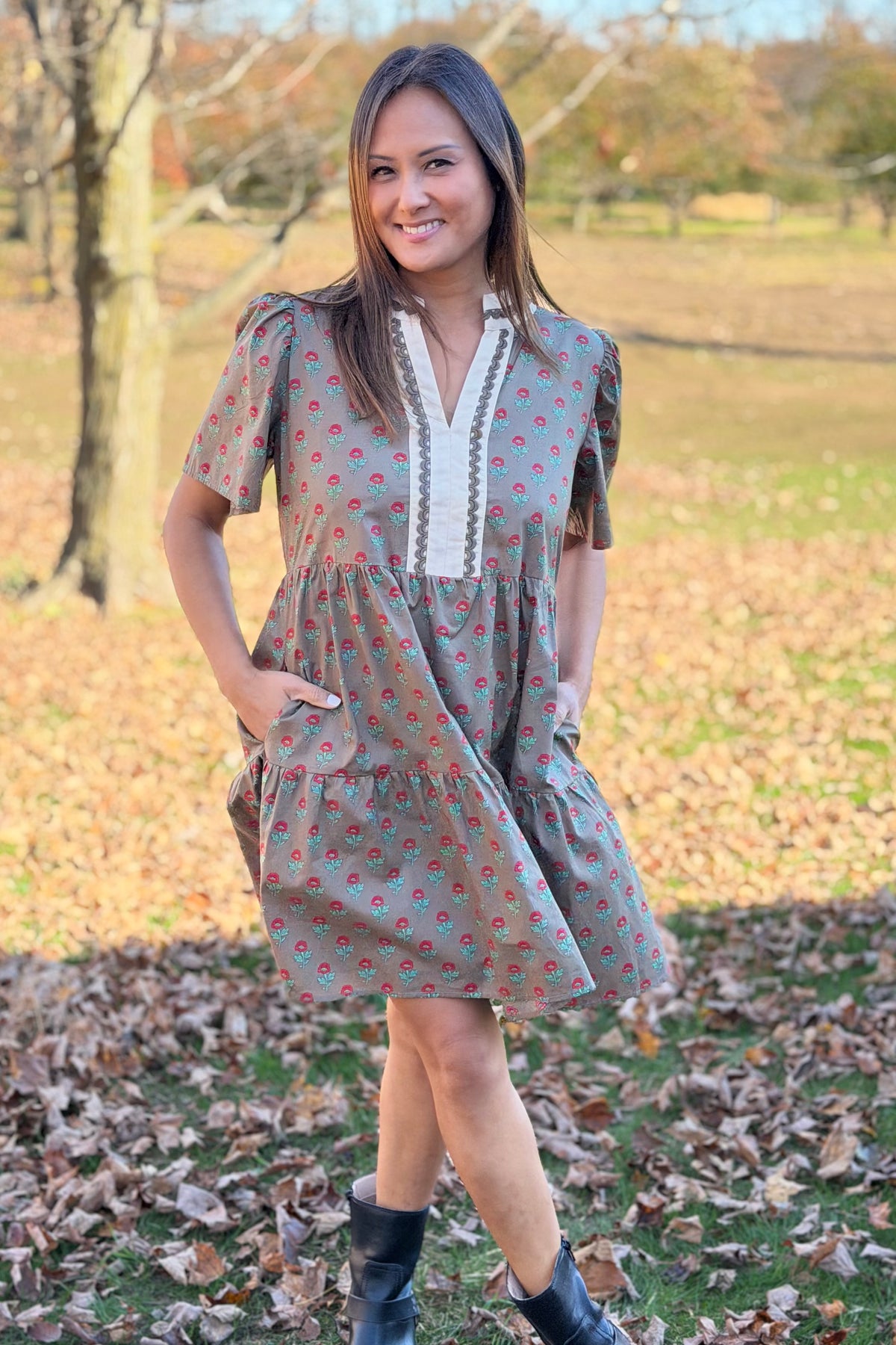 V-Neck Lace Mini Dress - Olive