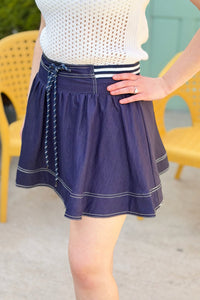 High Waist Denim Twill Mini Skort - Navy