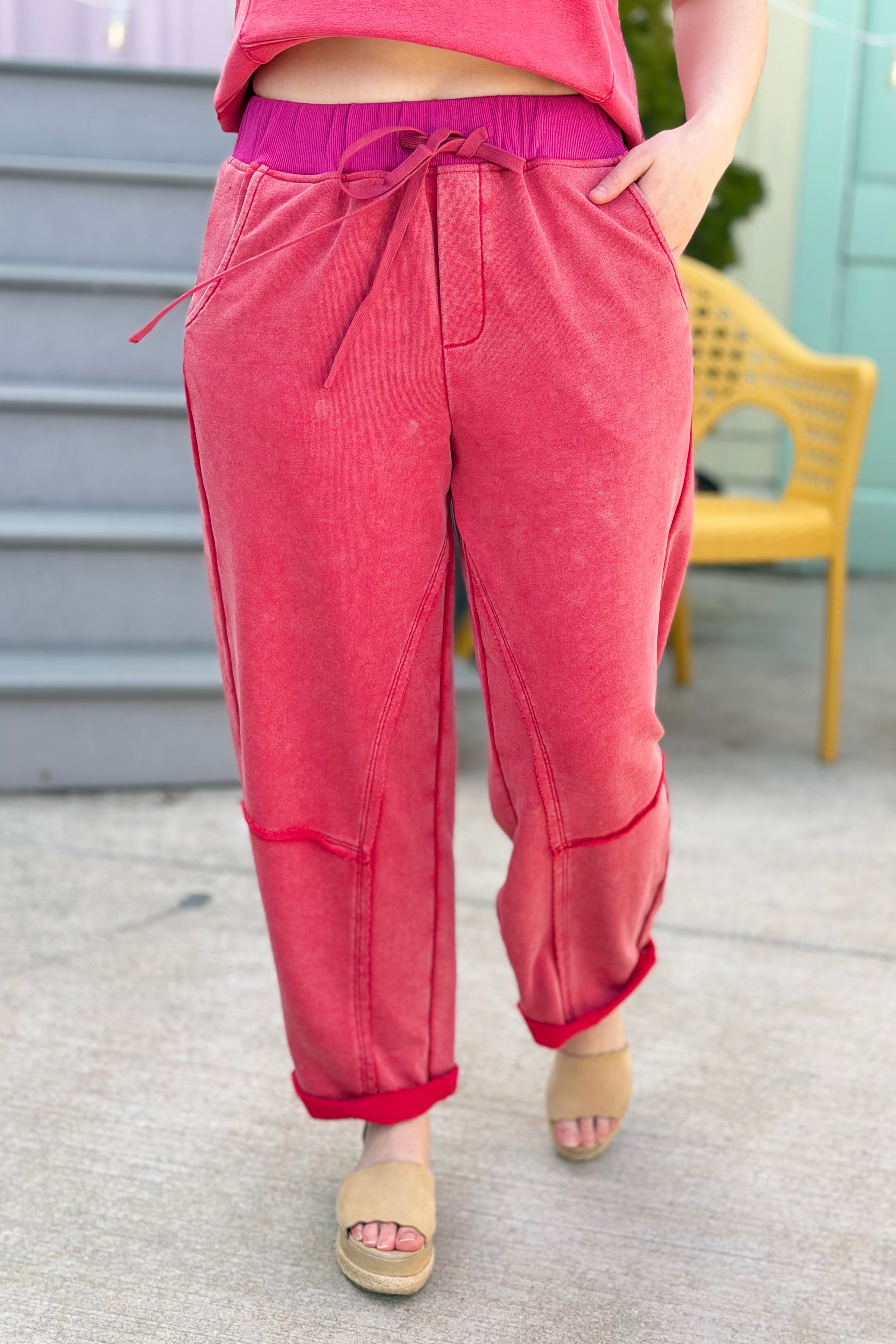 Washed French Terry Barrel Pants - Red