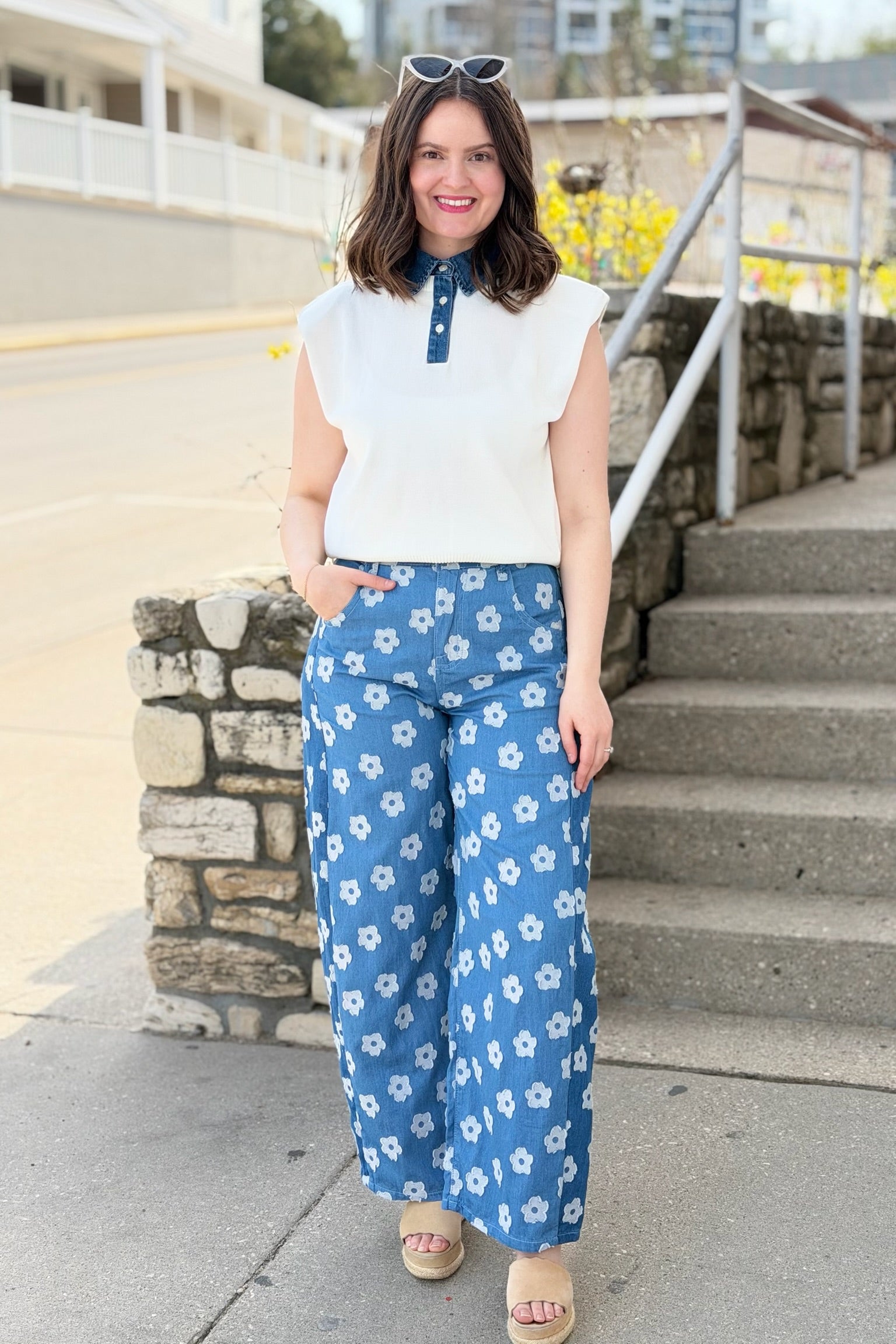 Denim Collar Top - Off White