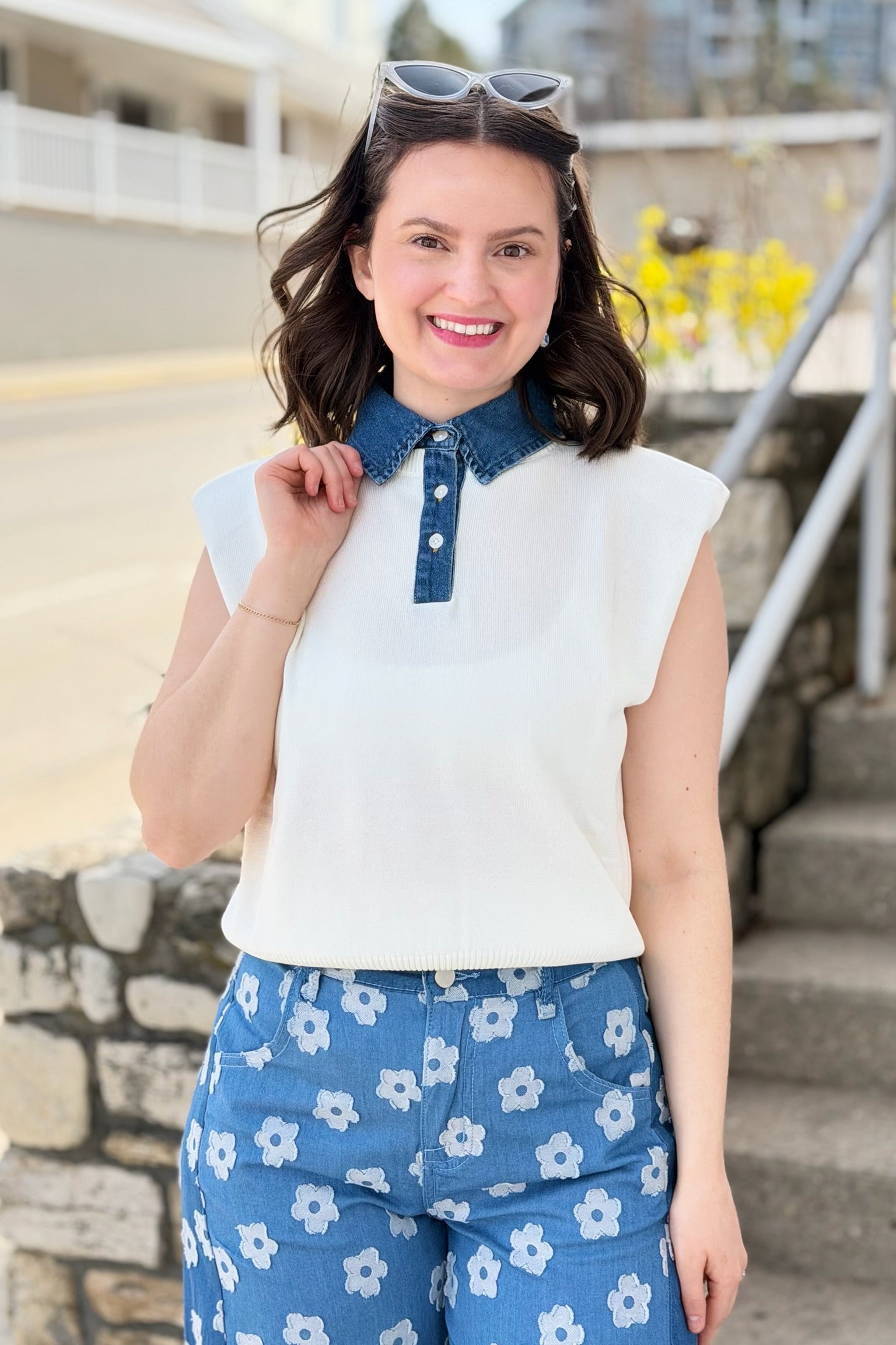Denim Collar Top - Off White