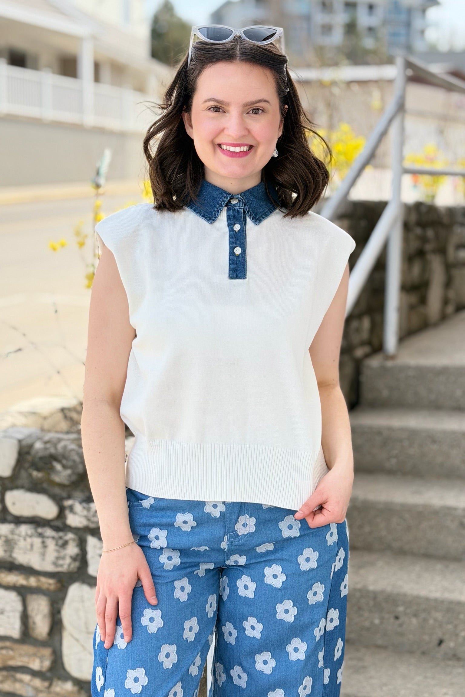 Denim Collar Top - Off White