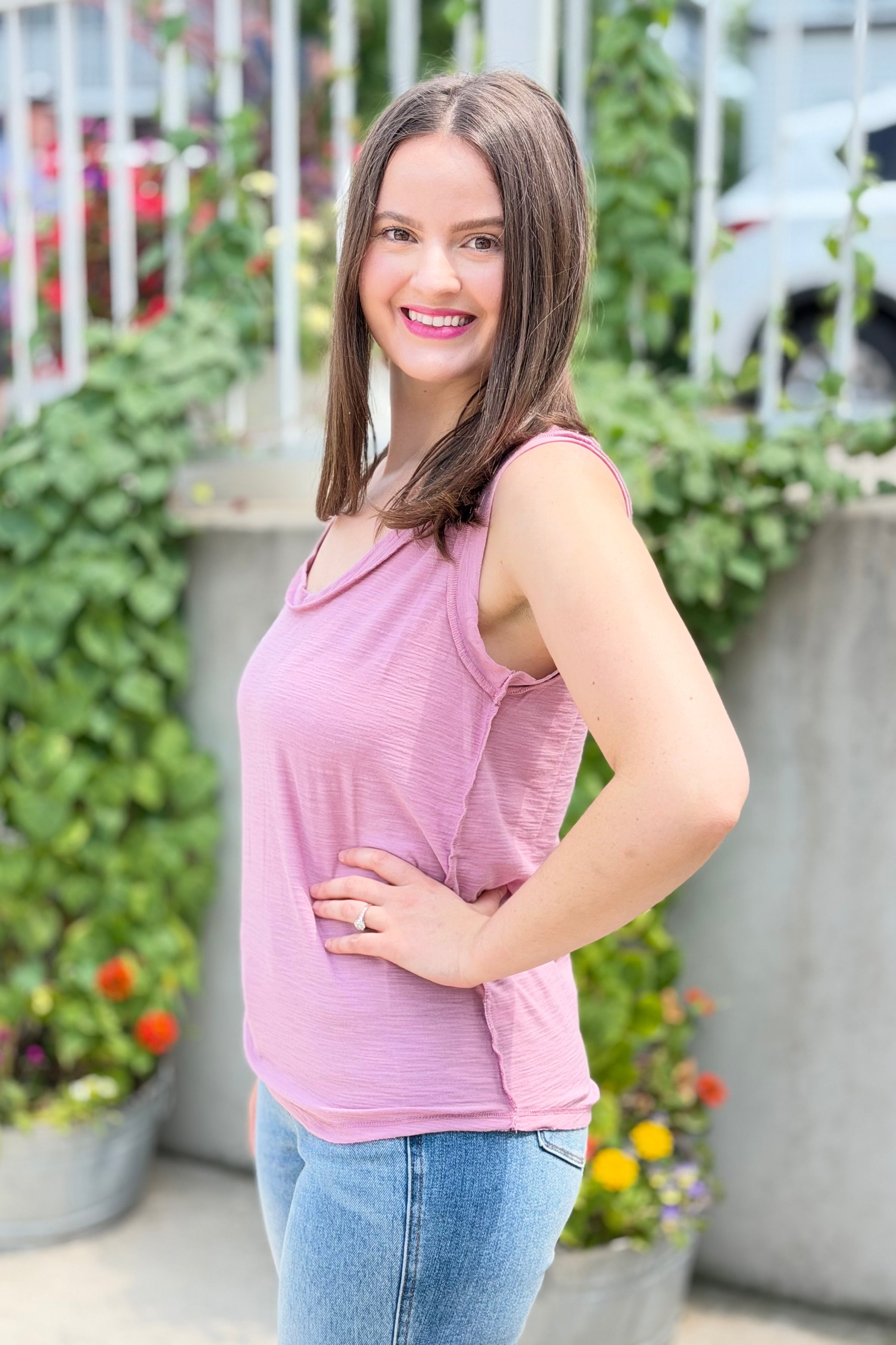 Raw Edge Detail Tank Top - Rose