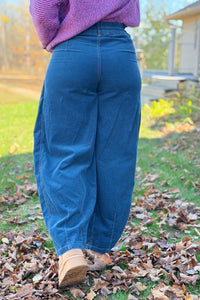 Washed Corduroy Pleated Barrel Pants - Teal