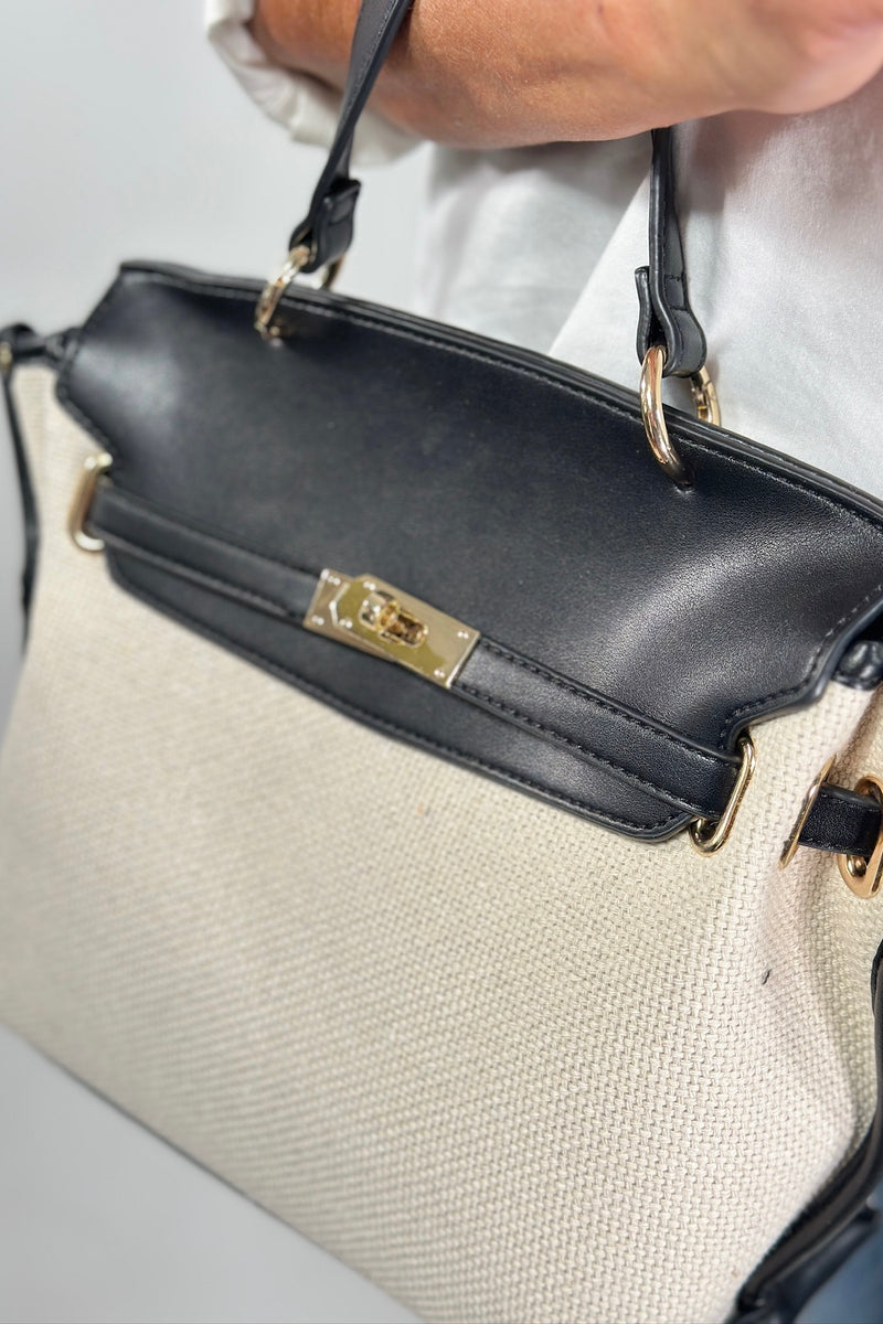 Yoana Straw Satchel & Crossbody Bag - Ivory Black