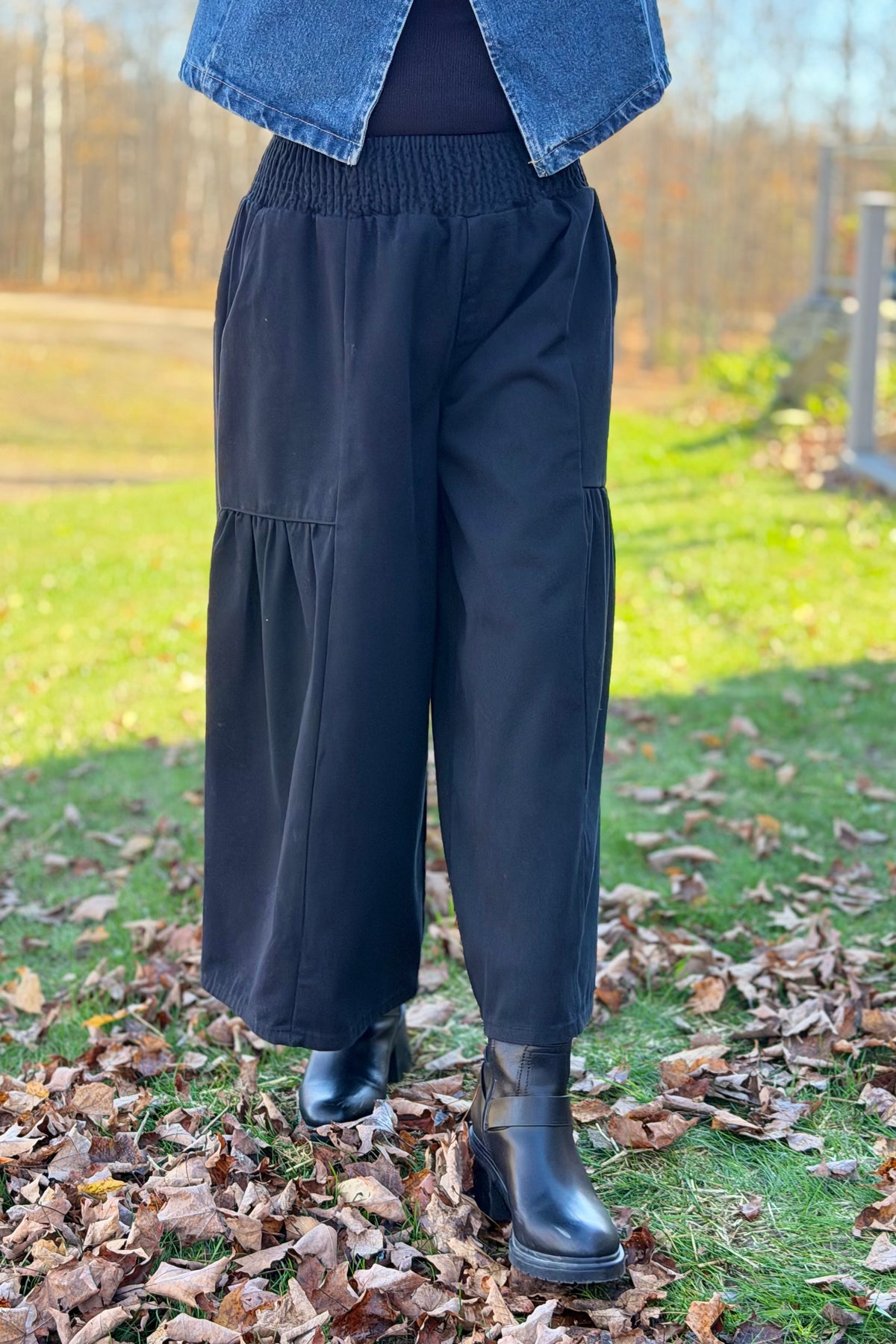 Flared Pants With Smocked Waist - Black
