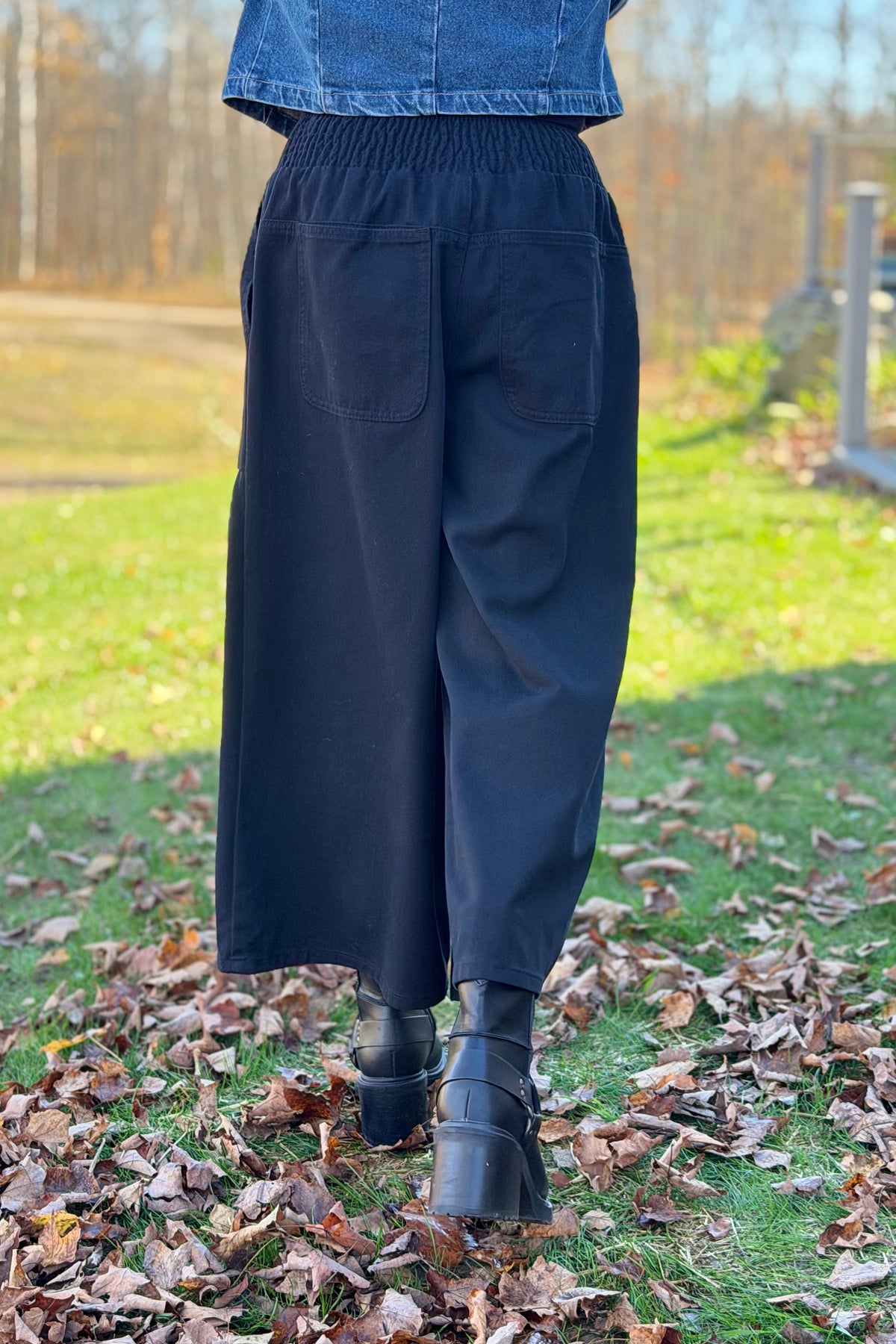 Flared Pants With Smocked Waist - Black