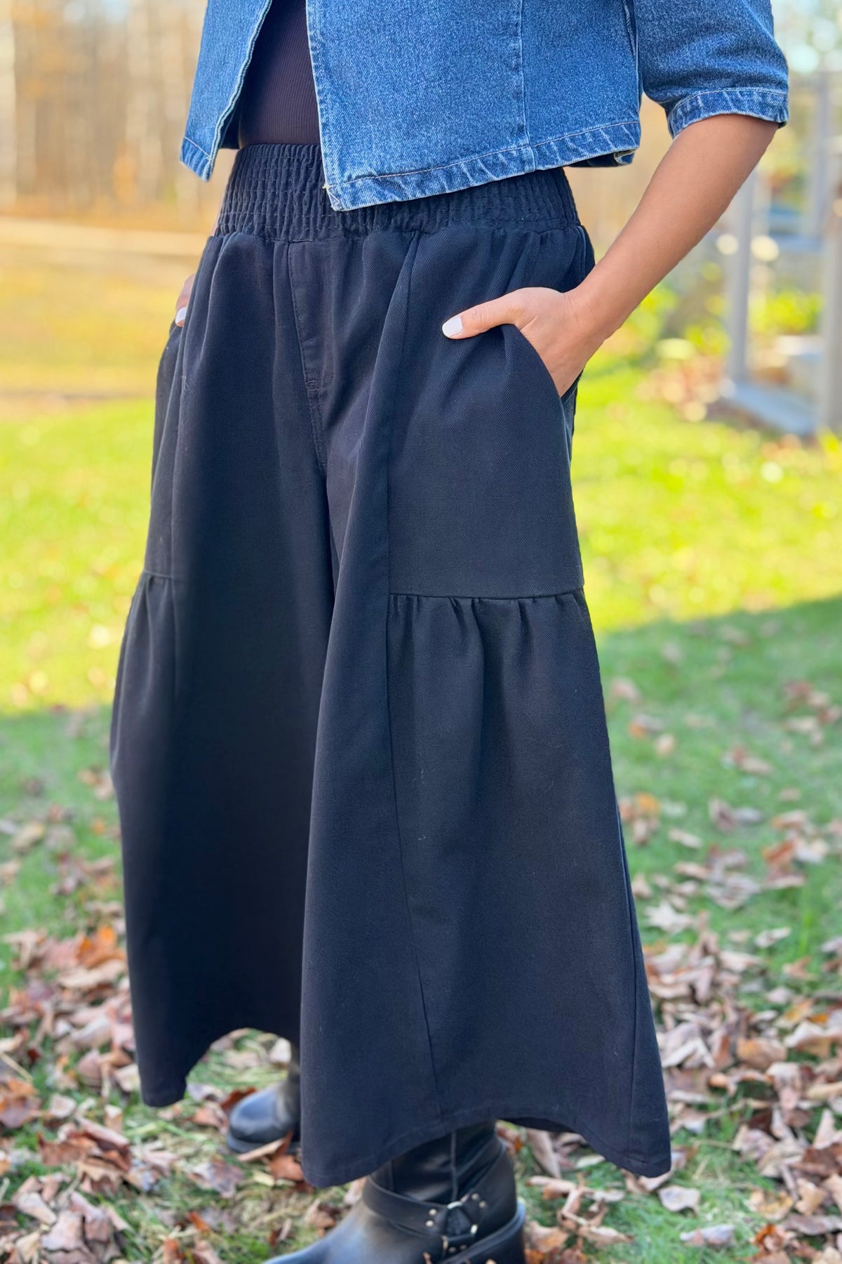 Flared Pants With Smocked Waist - Black