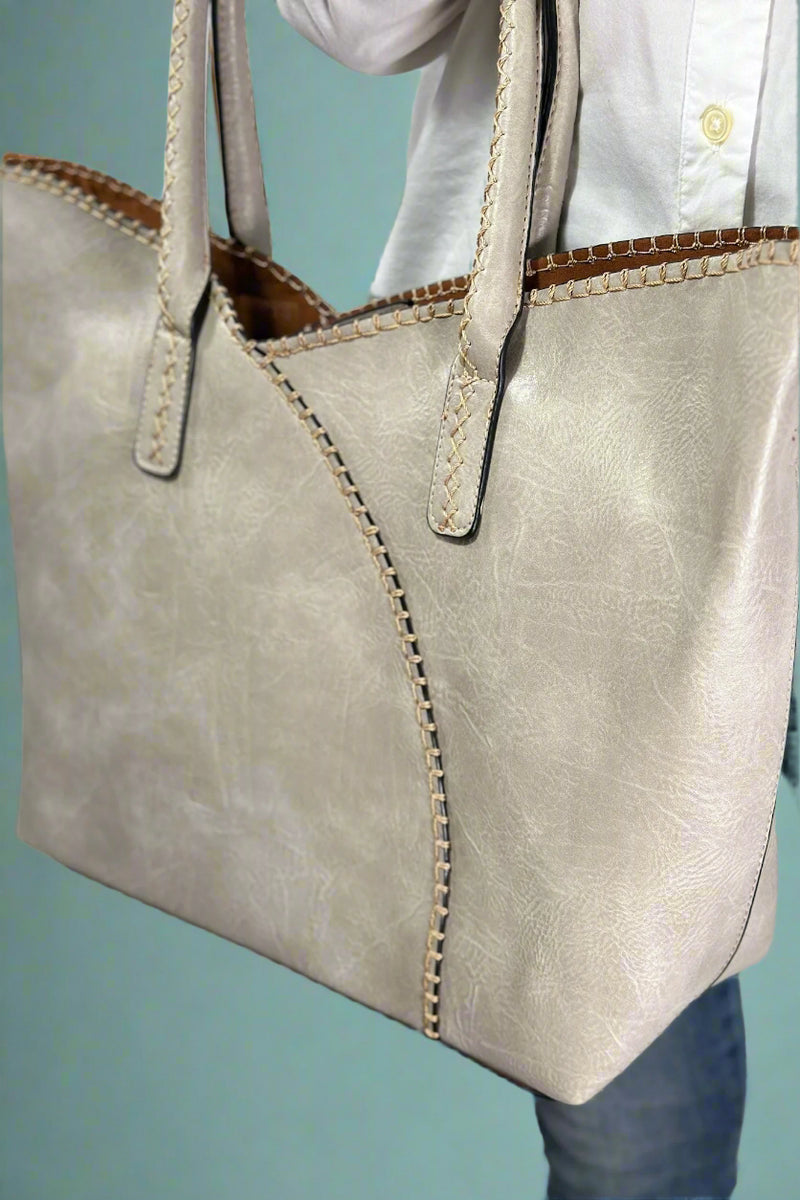 Stitch Detail Shoulder & Tote Set Bag - Gray