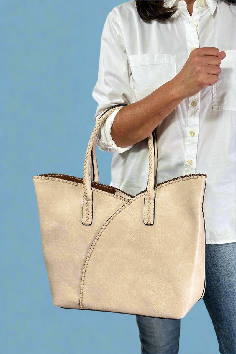Stitch Detail Shoulder & Tote Set Bag - Beige