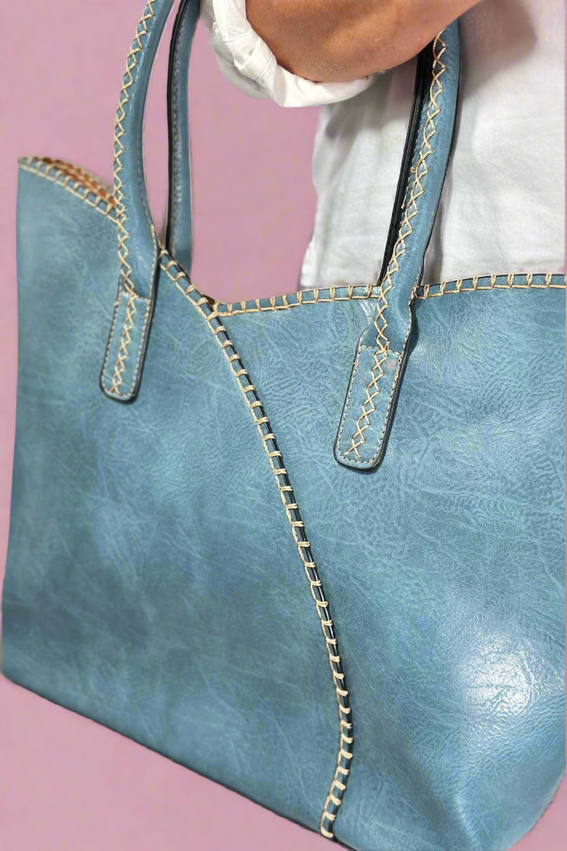 Stitch Detail Shoulder & Tote Set Bag - Blue