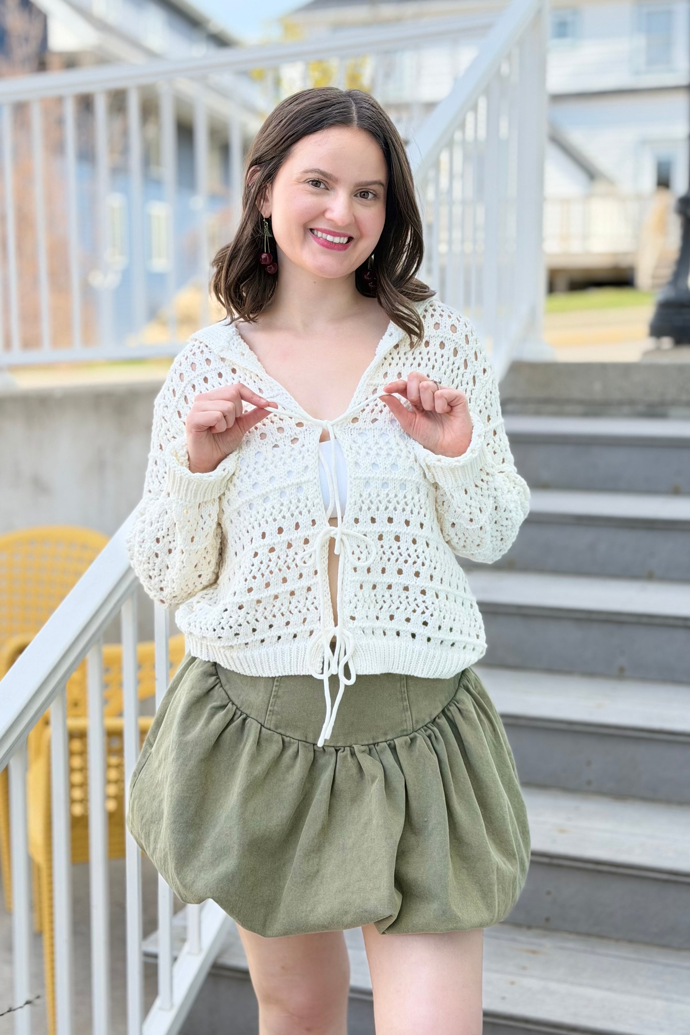 Open Knit Tie Cardigan - White