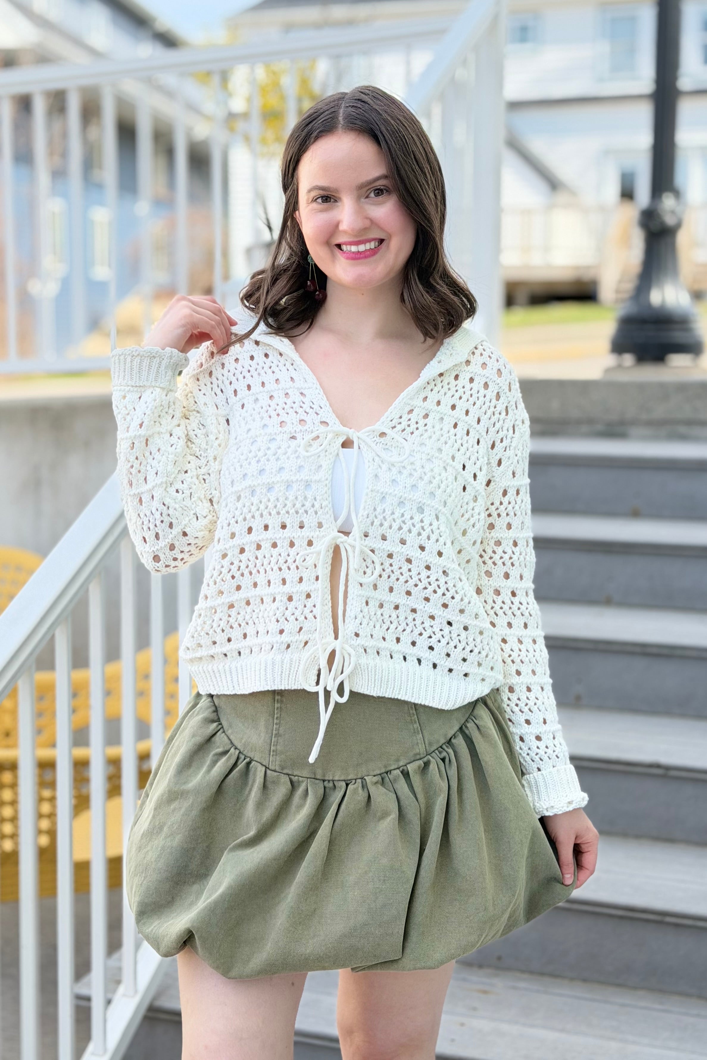 Open Knit Tie Cardigan - White