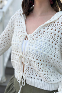 Open Knit Tie Cardigan - White