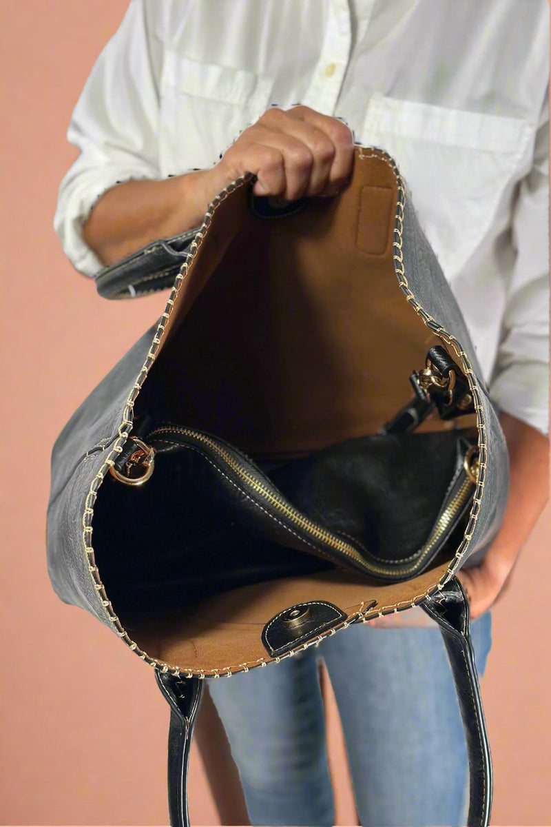 Stitch Detail Shoulder & Tote Set Bag - Black