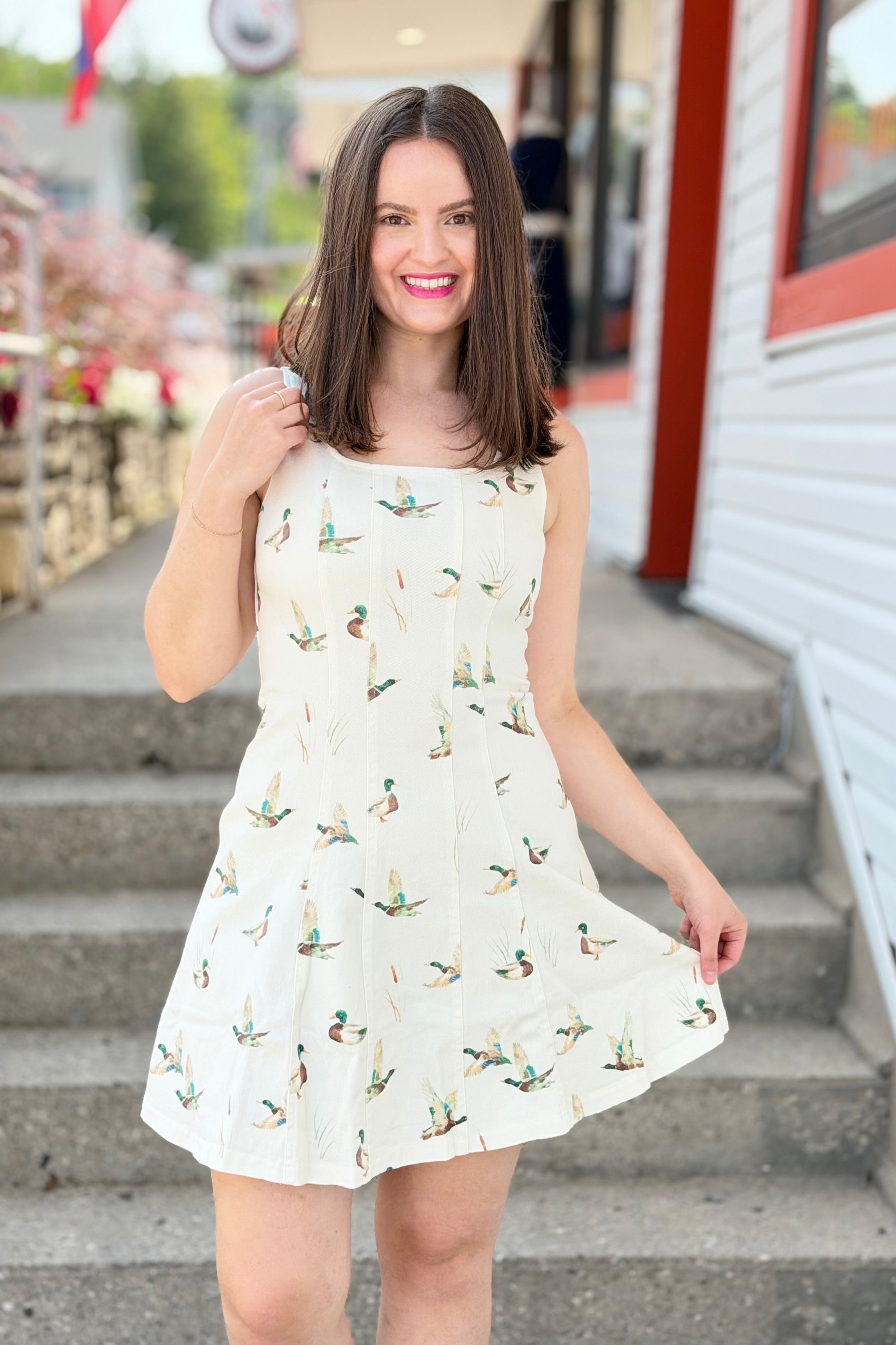 Mallard Print Denim Mini Dress - Ivory
