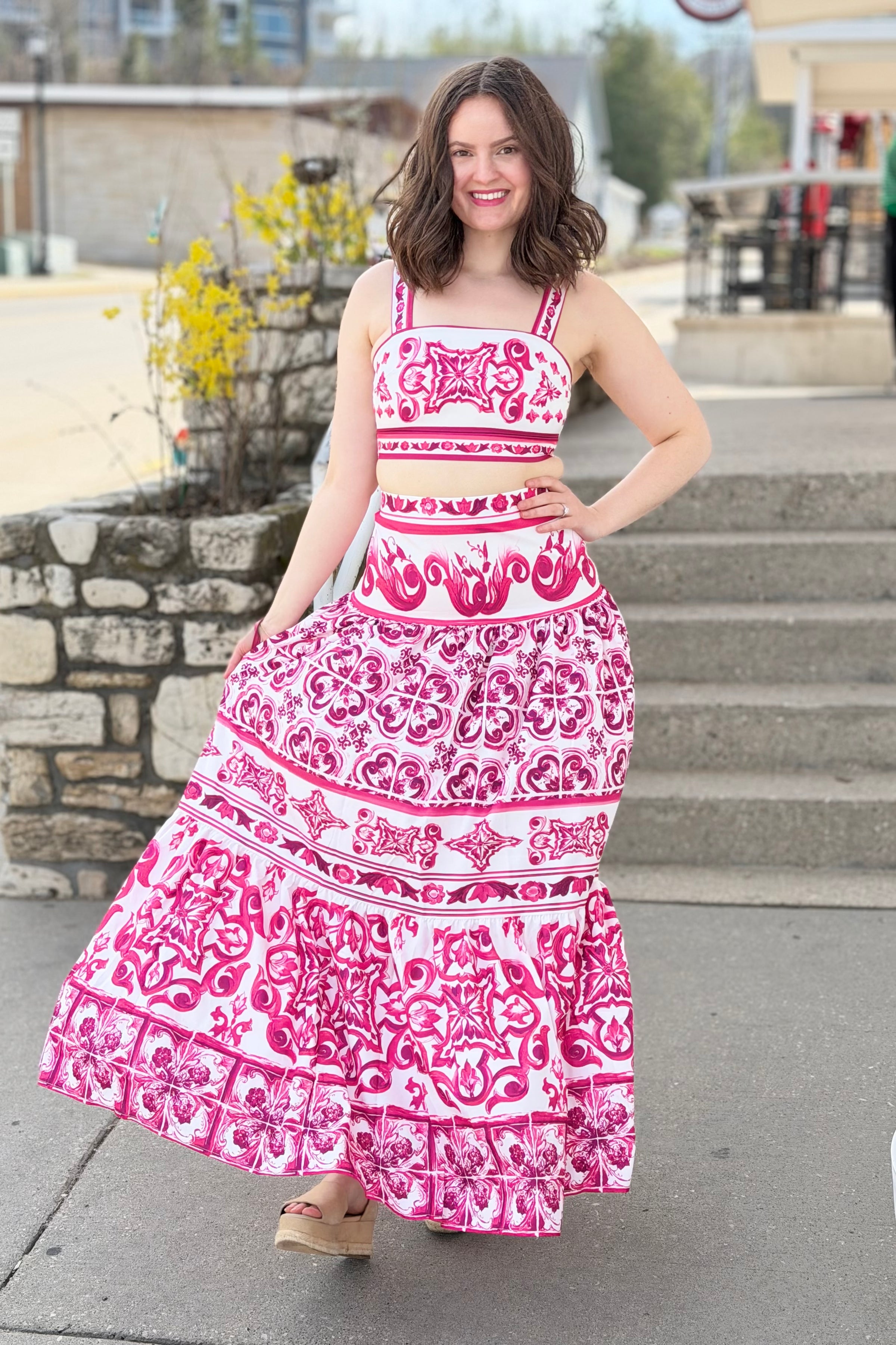 Hot Pink & White Print Crop Top