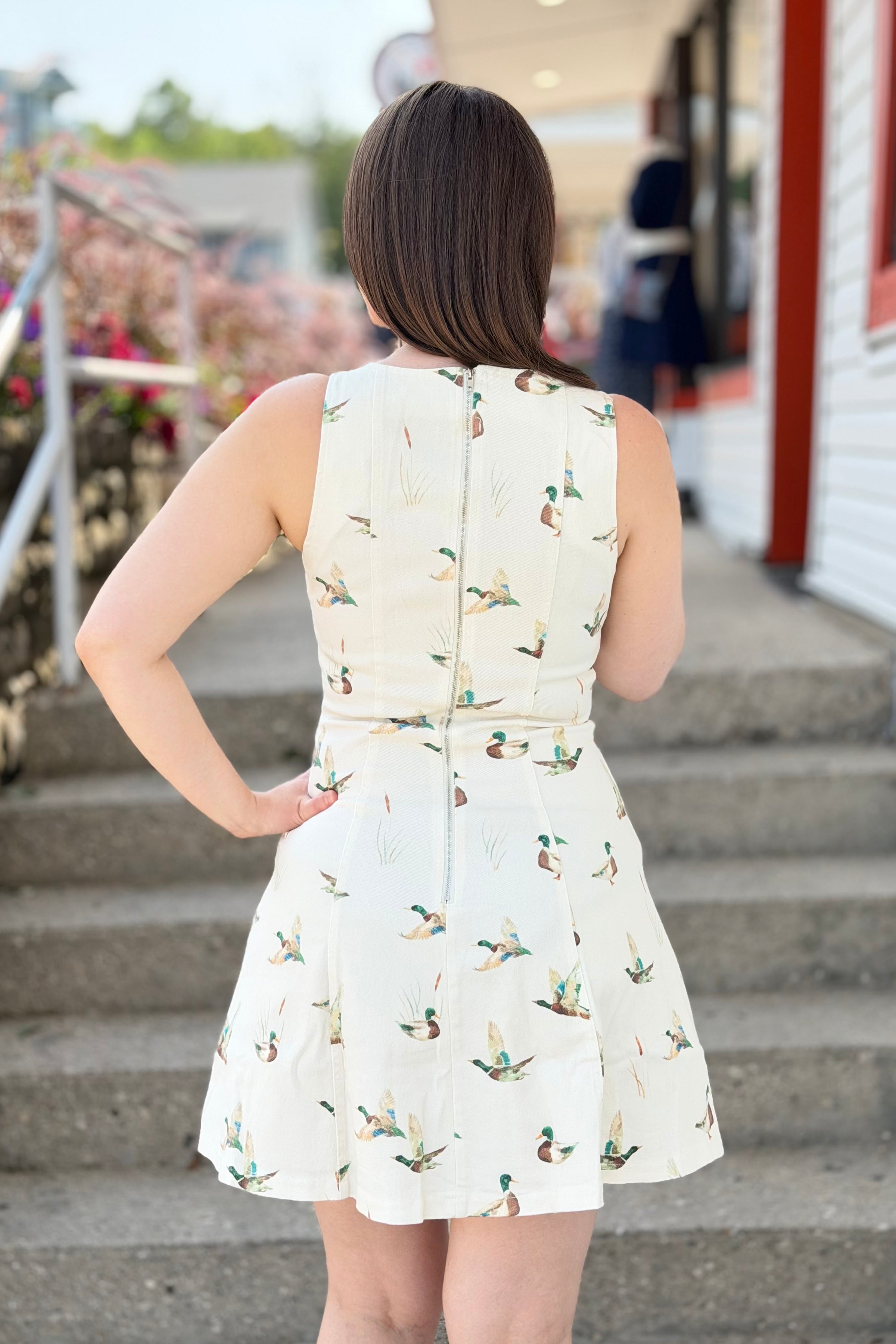 Mallard Print Denim Mini Dress - Ivory