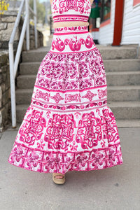Hot Pink & White Print Maxi Skirt