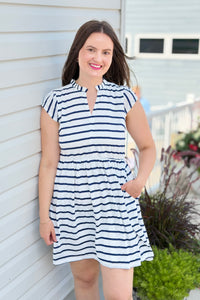 Stripe Babydoll Mini Dress - Navy
