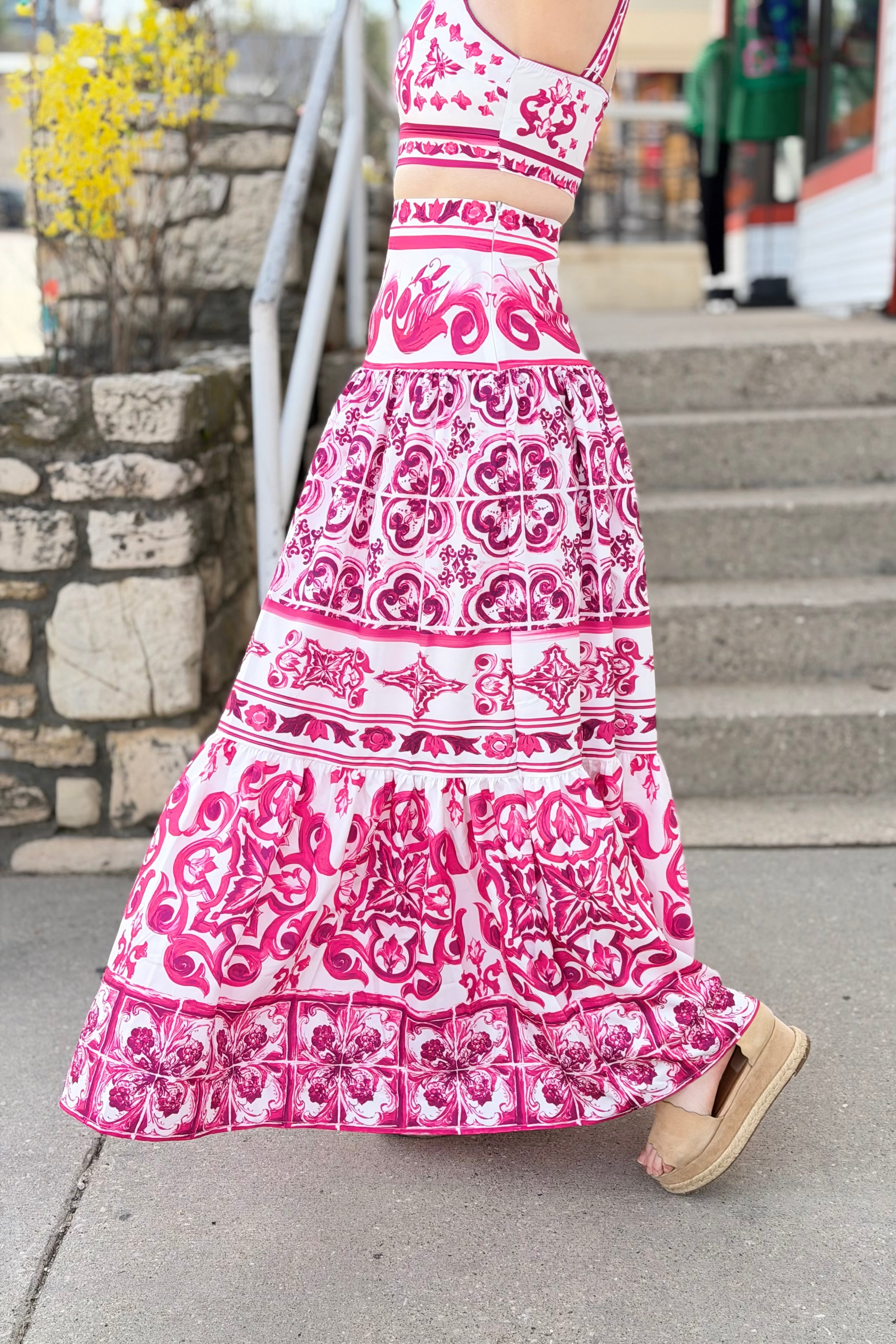 Hot Pink & White Print Maxi Skirt