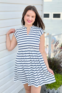 Stripe Babydoll Mini Dress - Navy