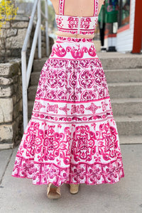 Hot Pink & White Print Maxi Skirt