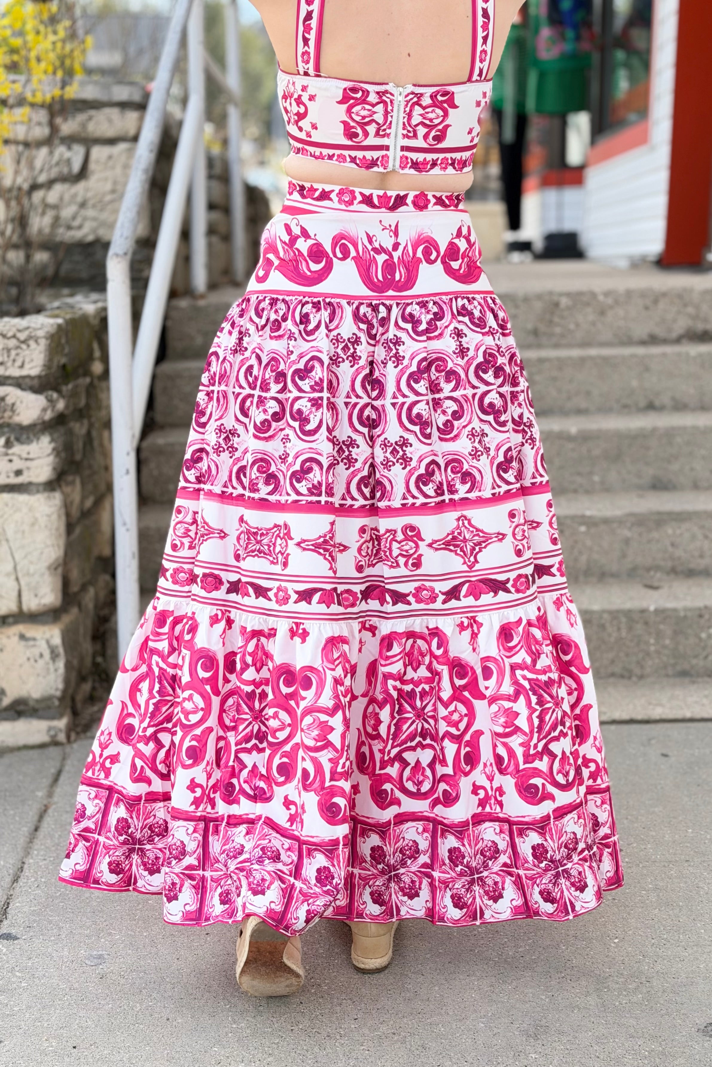 Hot Pink & White Print Maxi Skirt