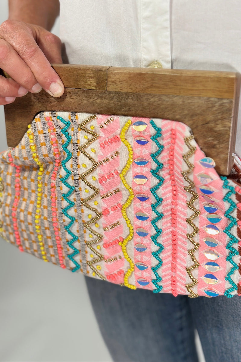 Beaded Clutch Bag with Wooden Handle