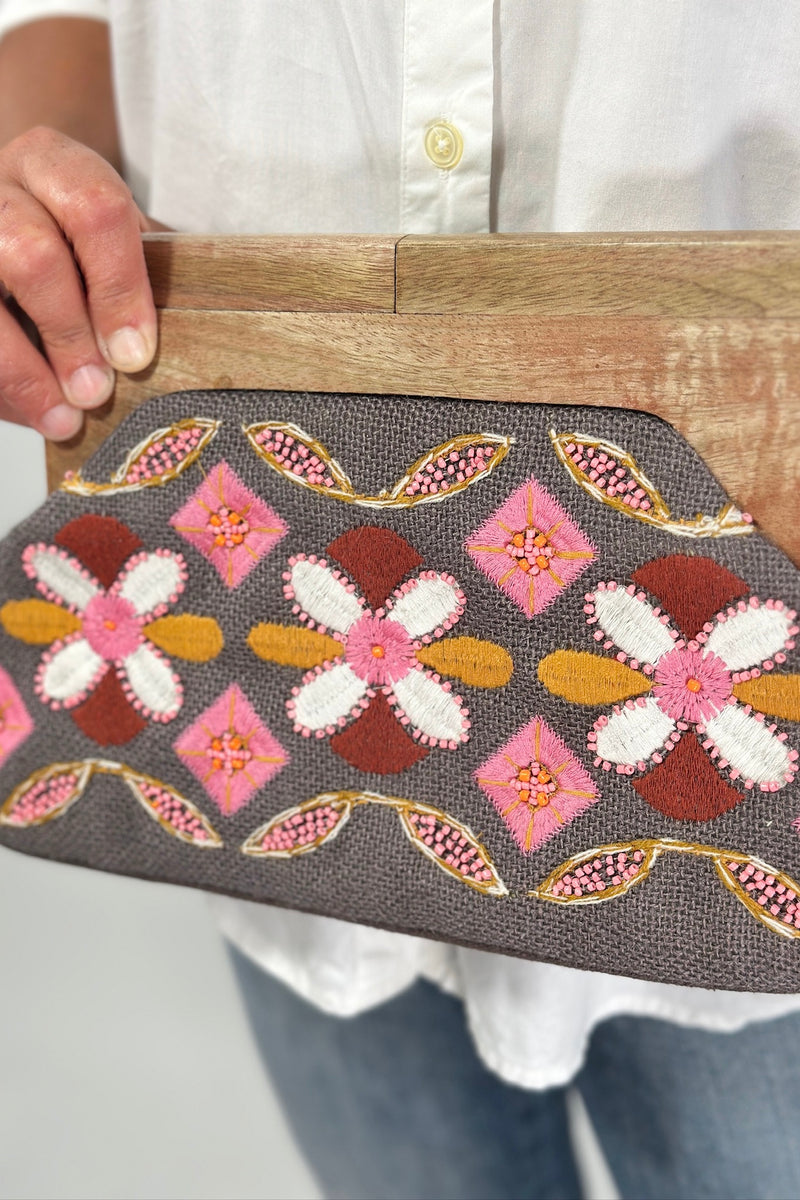 Charcoal Clutch With Pink Flowers